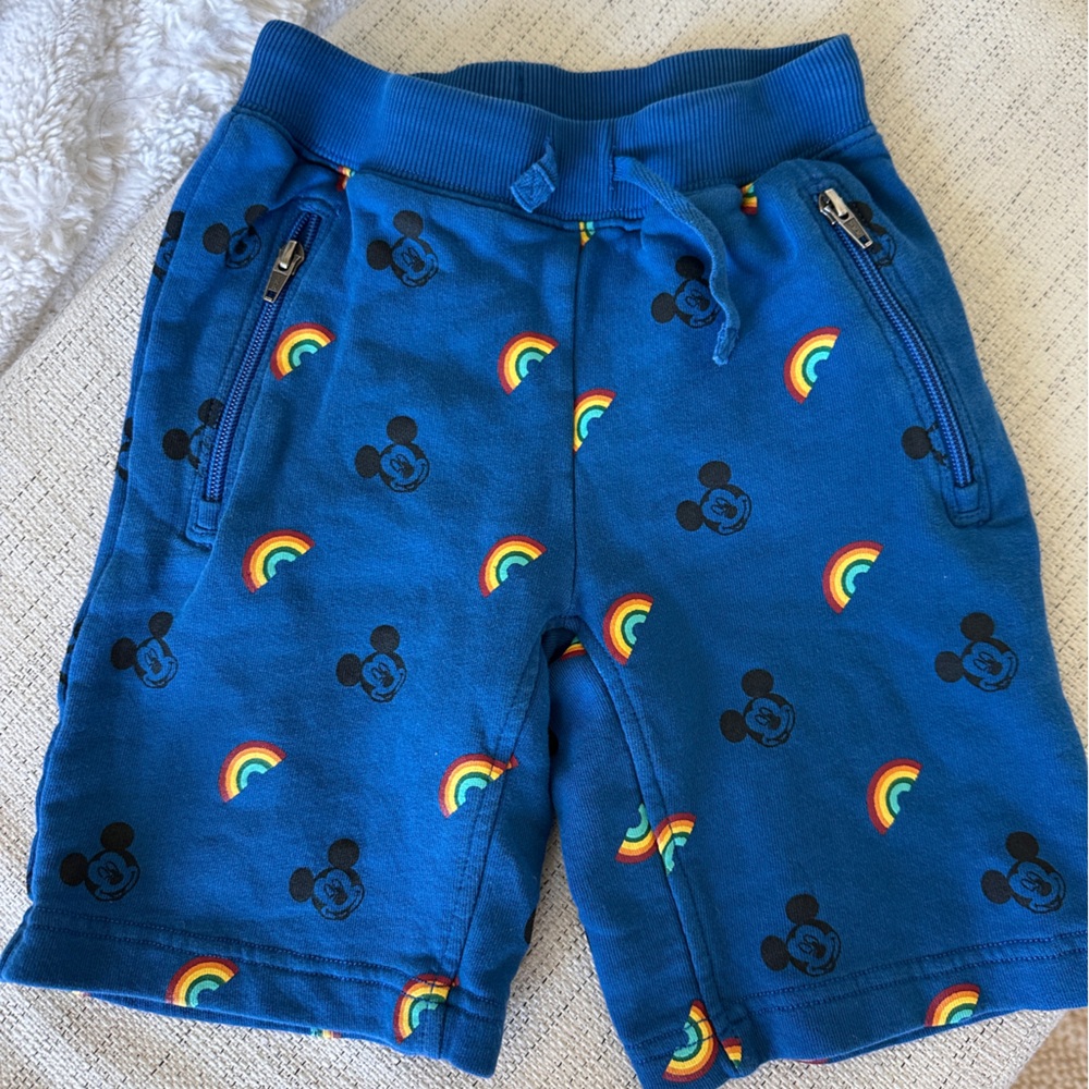Hannah Andersson X Disney Blue Shorts with Mickey Mouse and Rainbow Accents